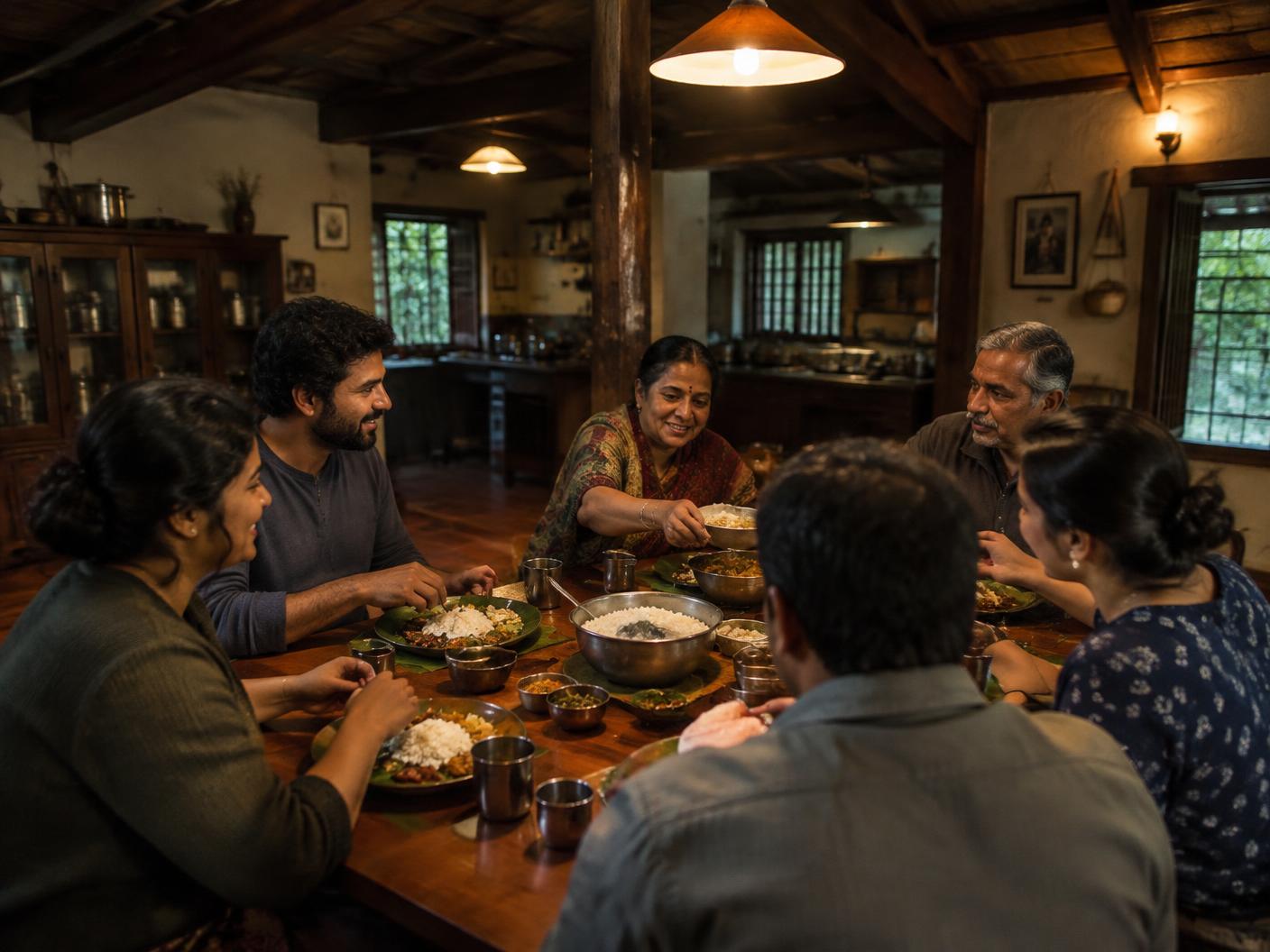 A warm family dinner around a wooden table